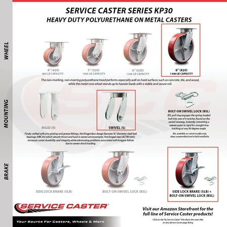 Service Caster 8 Inch Kingpinless Red Poly on Steel Wheel Caster with Brake and Swivel Lock SCC-KP30S820-PUR-RS-SLB-BSL